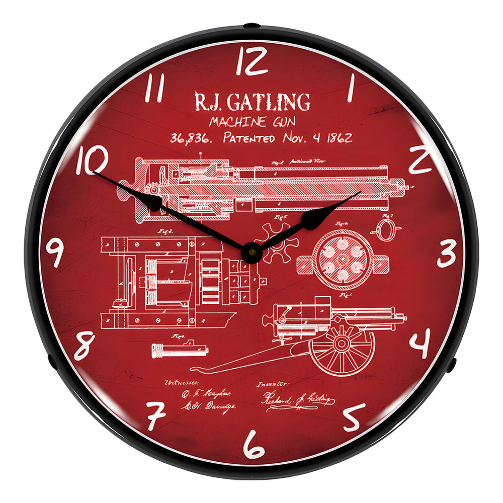 Collectable Sign and Clock Gatling Gun Patent Blueprint Backlit Wall Clock-RE1507610-Garage Giant