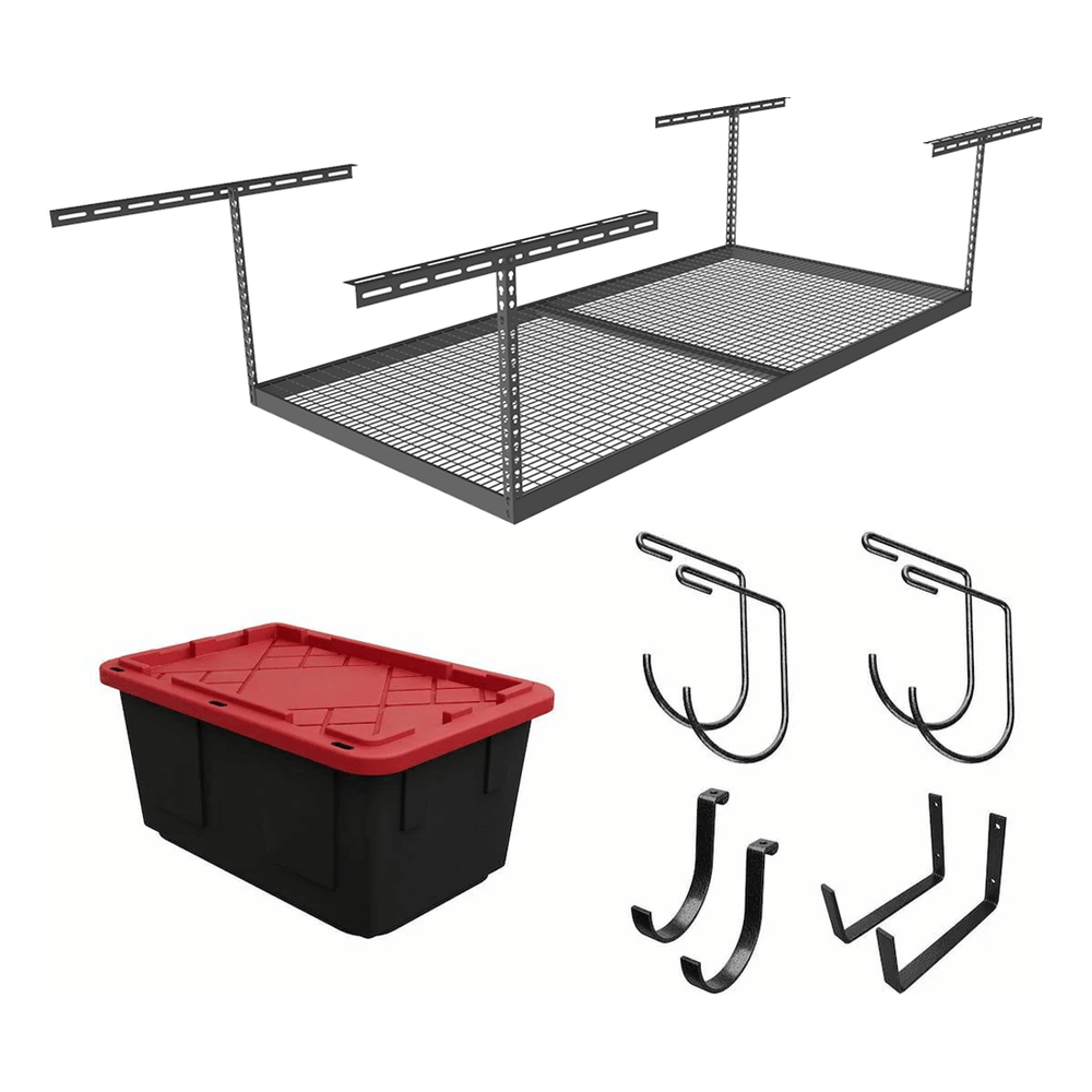 SafeRacks 4' x 8' Overhead Storage Rack with 12-24-Inch Drop and 5 Red Bins (Hammertone)-SB-48PKBR-H-Pack-12-Garage Giant
