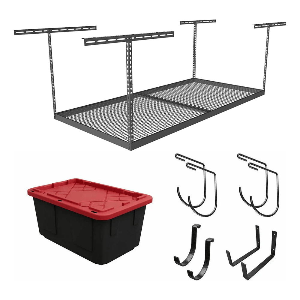 SafeRacks 4' x 8' Overhead Storage Rack with 24-45-Inch Drop and 5 Red Bins (Hammertone)-SB-48PKBR-H-Pack-24-Garage Giant