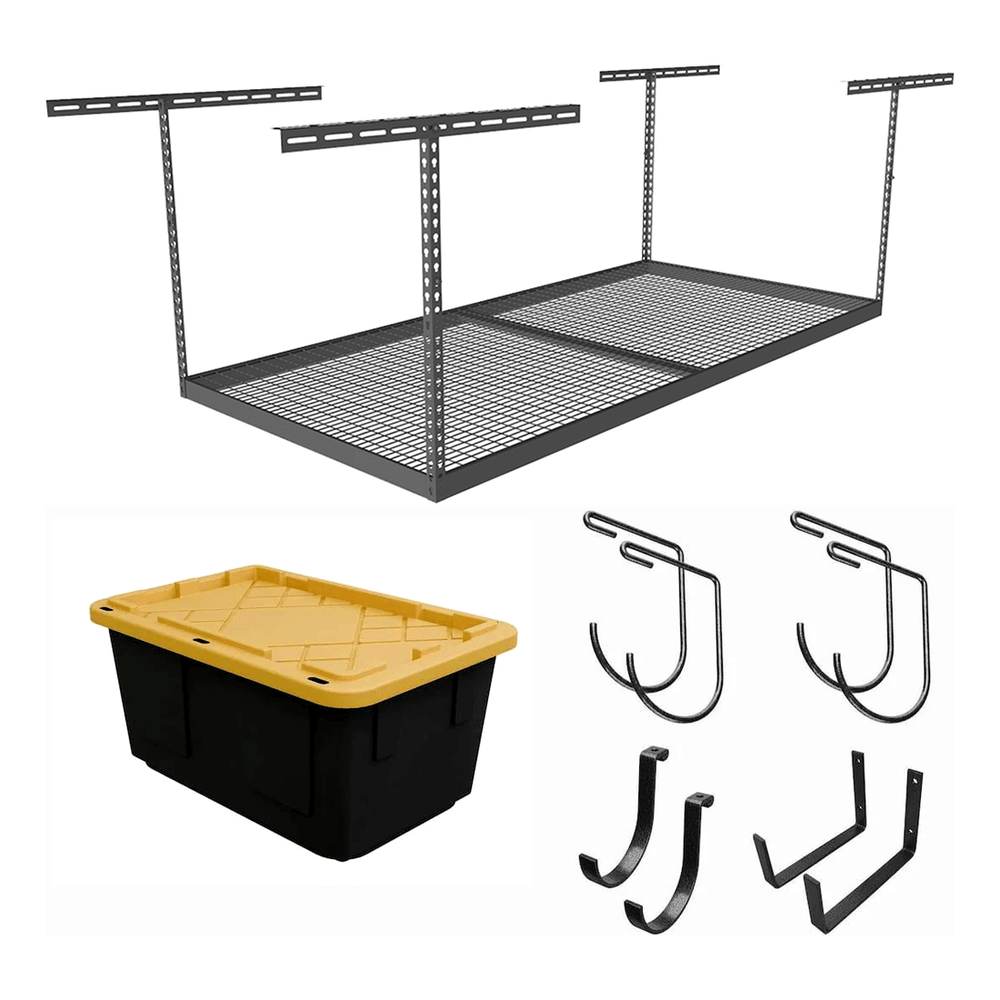 SafeRacks 4' x 8' Overhead Storage Rack with 24-45-Inch Drop and 5 Yellow Bins (Hammertone)-SB-48PKBY-H-Pack-24-Garage Giant