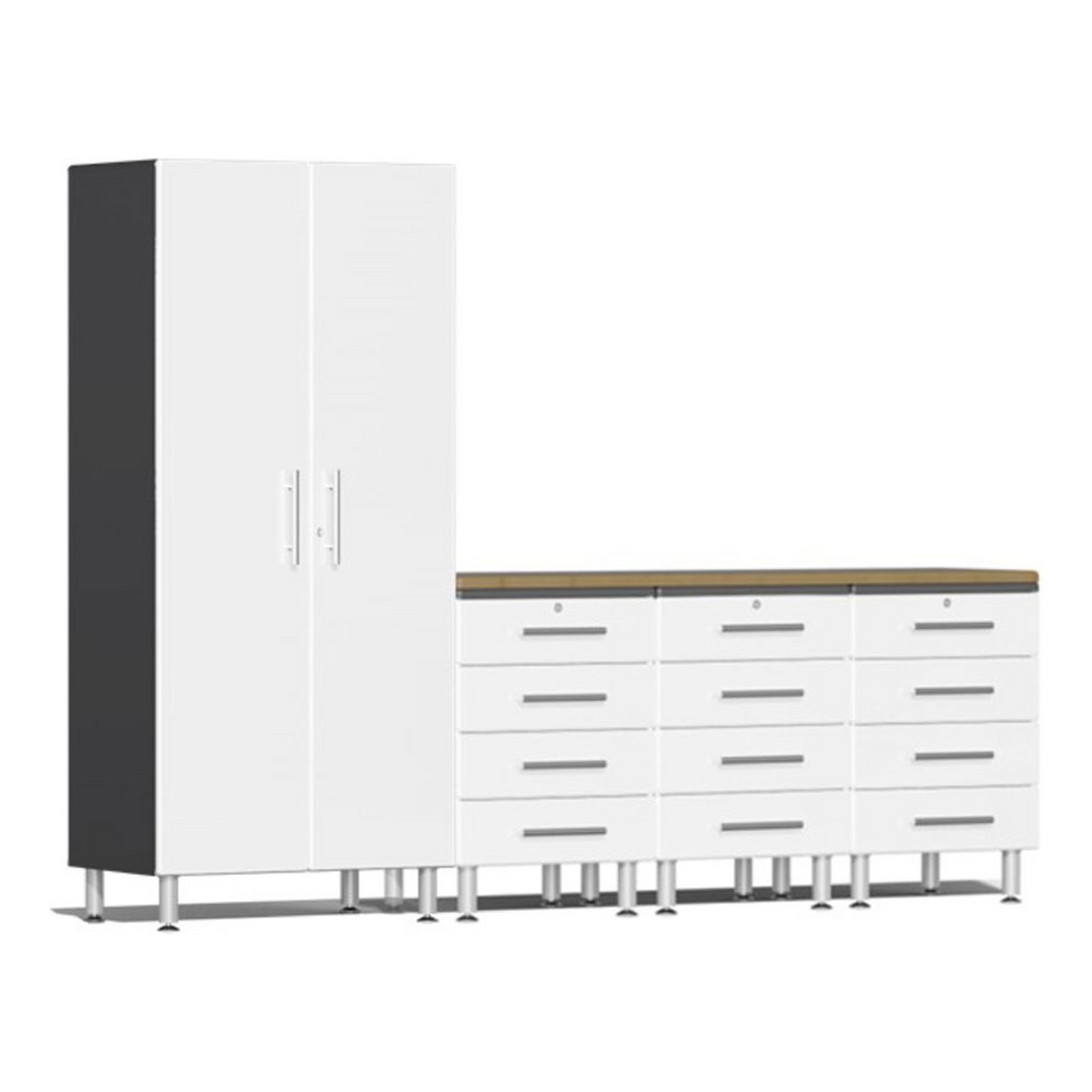 Ulti-MATE Garage 5-Piece Cabinet System with Bamboo Worktop in Starfire White Metallic-UG20052W-Garage Giant