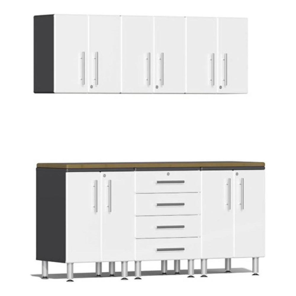 Ulti-MATE Garage 7-Piece Garage Cabinet Kit with Bamboo Worktop in Starfire White Metallic-UG20072W-Garage Giant