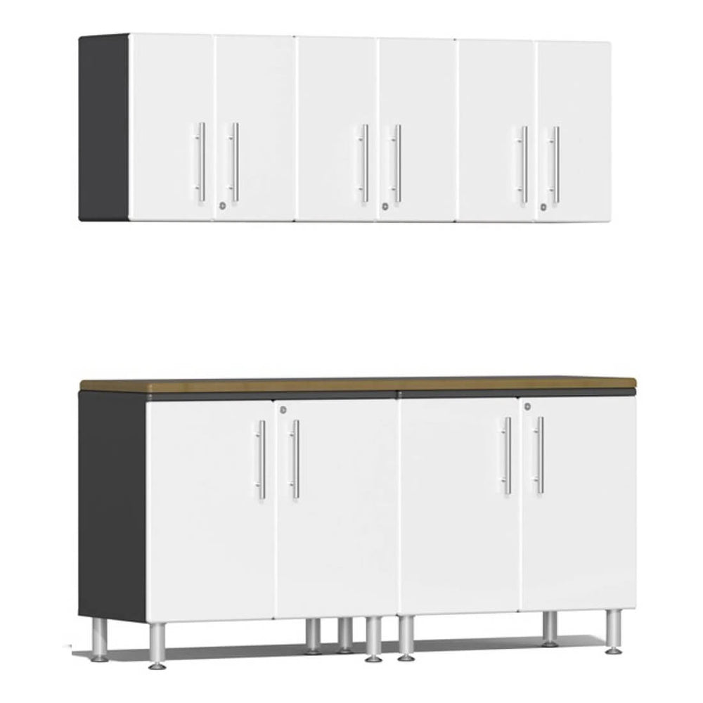Ulti-MATE Garage 6-Piece Cabinet Kit with Bamboo Worktop in Starfire White Metallic | Garage Giant