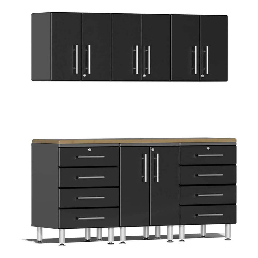 Ulti-MATE Garage 7-Piece Cabinet Kit with Bamboo Worktops in Midnight Black Metallic | Garage Giant