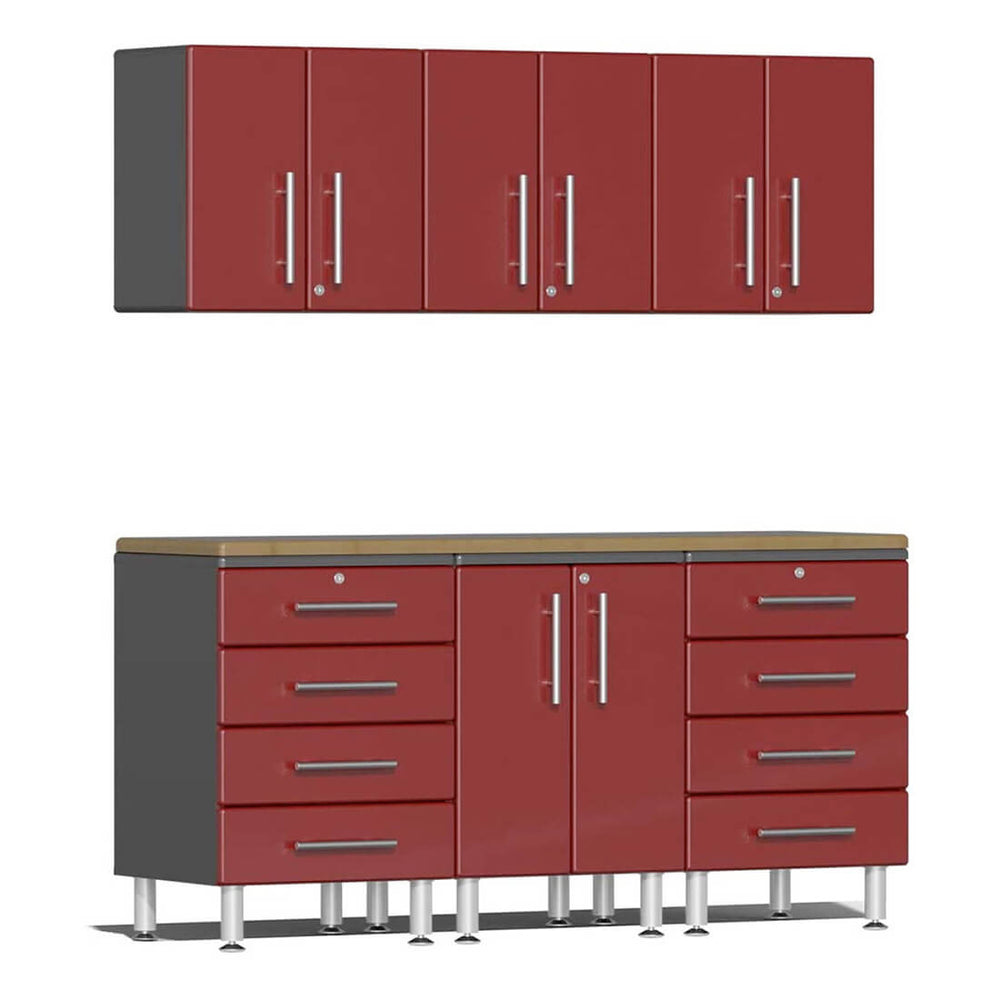 Ulti-MATE Garage 7-Piece Cabinet Kit with Bamboo Worktops in Ruby Red Metallic | Garage Giant