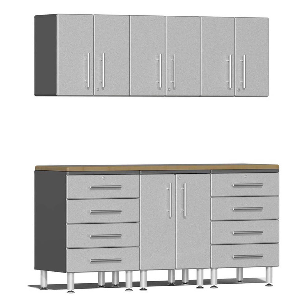 Ulti-MATE Garage 7-Piece Cabinet Kit with Bamboo Worktops in Stardust Silver Metallic | Garage Giant