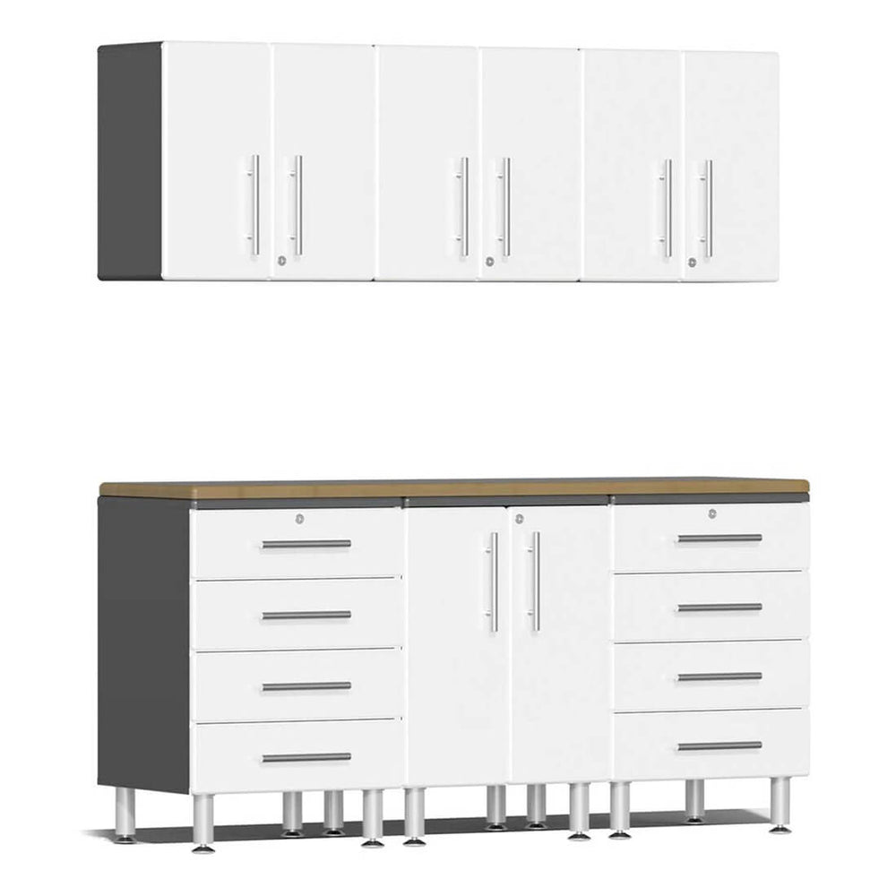 Ulti-MATE Garage 7-Piece Cabinet Kit with Bamboo Worktops in Starfire White Metallic | Garage Giant