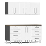 Ulti-MATE Garage 7-Piece Cabinet Kit with Bamboo Worktops in Starfire White Metallic | Garage Giant 