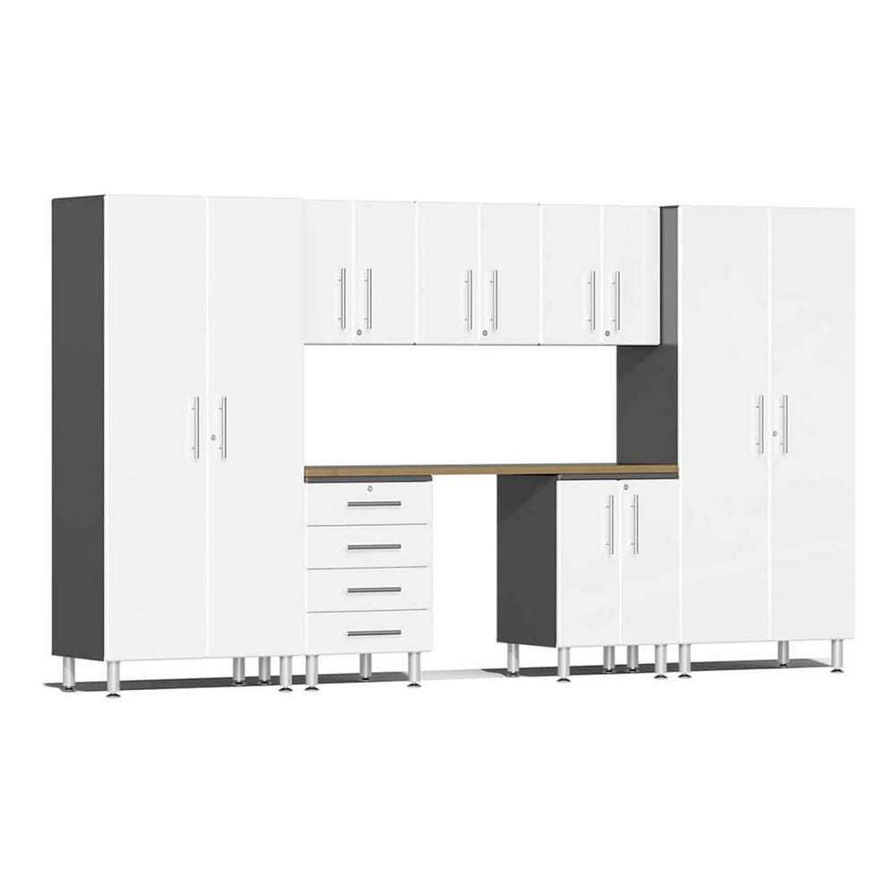 Ulti-MATE Garage 8-Piece Cabinet Kit with Bamboo Worktop in Starfire White Metallic | Garage Giant