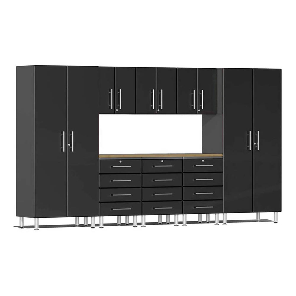 Ulti-MATE Garage 9-Piece Cabinet Kit with Bamboo Worktop in Midnight Black Metallic | Garage Giant