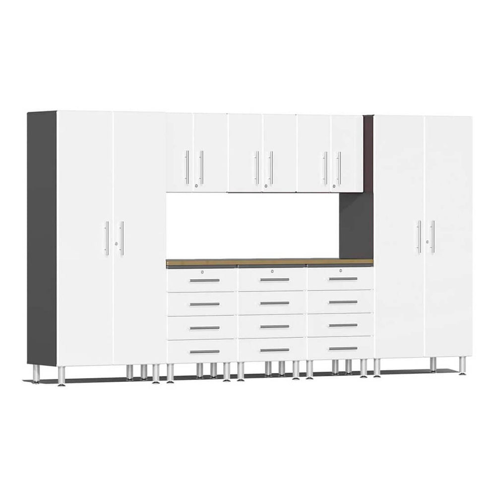 Ulti-MATE Garage 9-Piece Cabinet Kit with Bamboo Worktop in Starfire White Metallic | Garage Giant