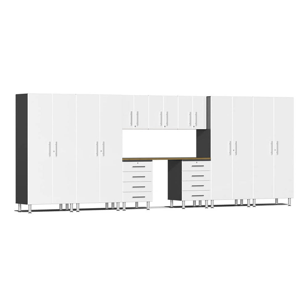 Ulti-MATE Garage 10-Piece Cabinet Kit with Bamboo Worktop in Starfire White Metallic | Garage Giant