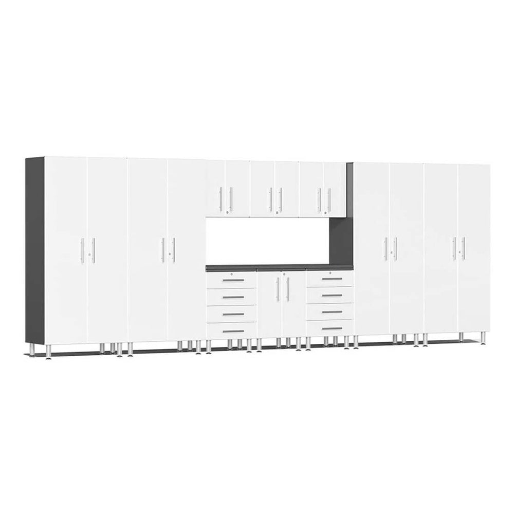 Ulti-MATE Garage 11-Piece Cabinet Set with Channeled Worktop in Starfire White Metallic | Garage Giant