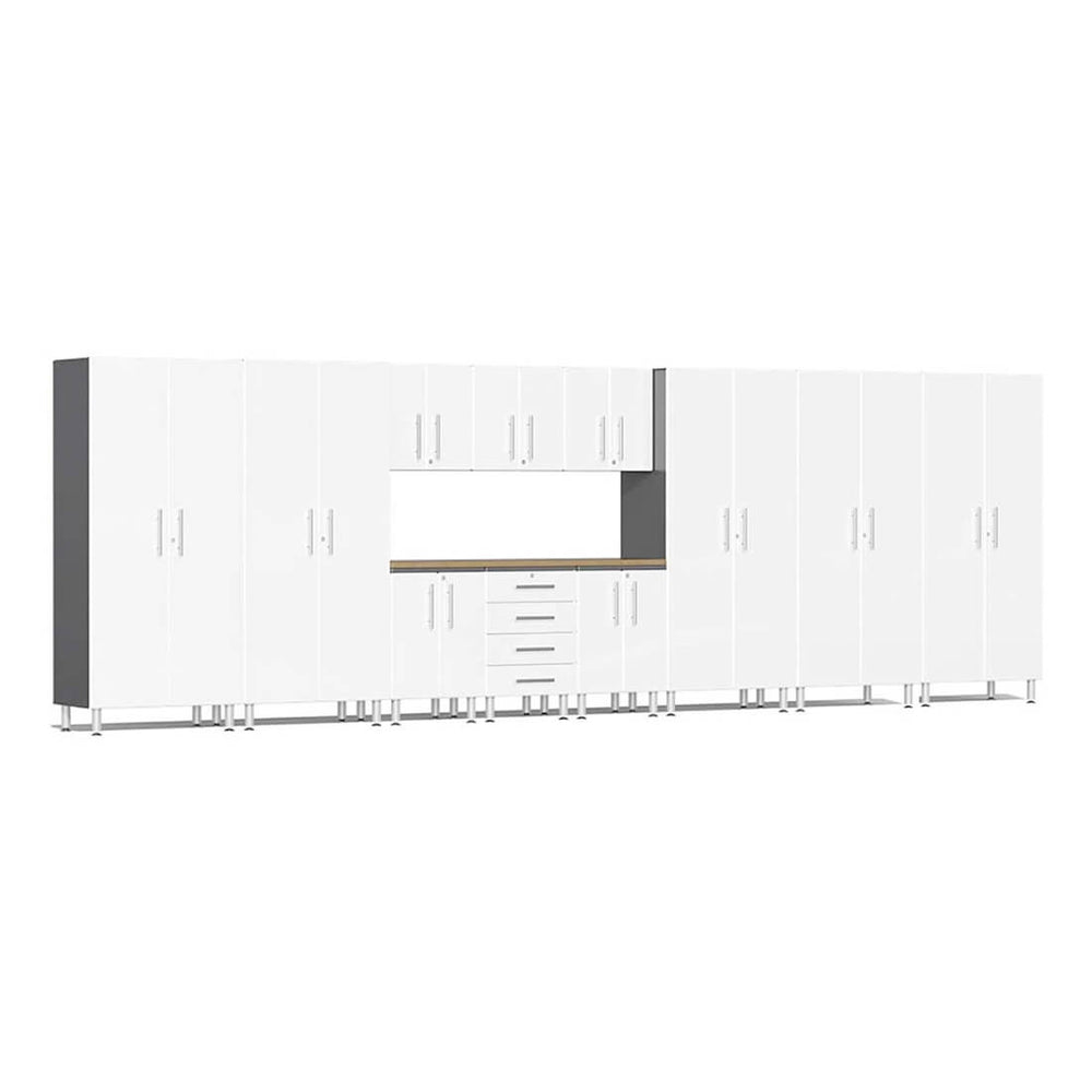 Ulti-MATE Garage 12-Piece Cabinet Set with Bamboo Worktop in Starfire White Metallic | Garage Giant