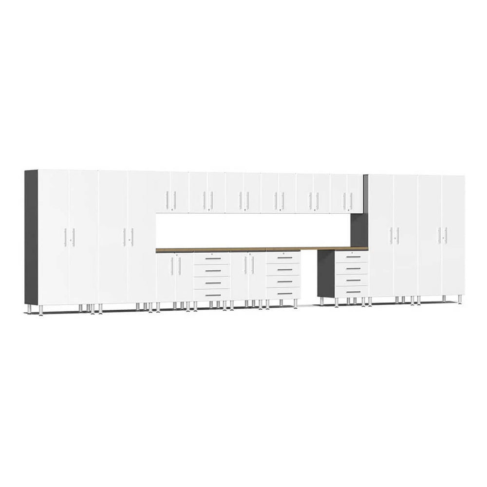 Ulti-MATE Garage 17-Piece Cabinet Kit with Bamboo Worktops in Starfire White Metallic | Garage Giant