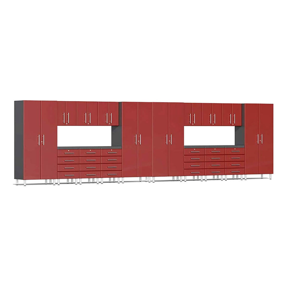 Ulti-MATE Garage 18-Piece Cabinet Kit with Channeled Worktops in Ruby Red Metallic | Garage Giant