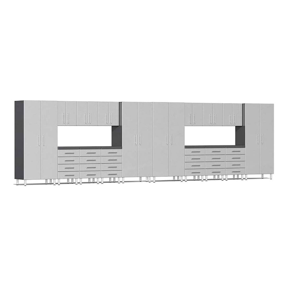 Ulti-MATE Garage 18-Piece Cabinet Kit with Channeled Worktops in Stardust Silver Metallic | Garage Giant