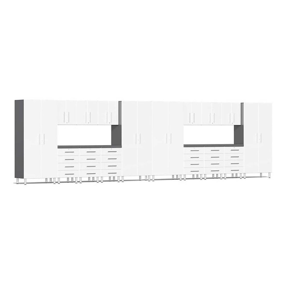 Ulti-MATE Garage 18-Piece Cabinet Kit with Channeled Worktops in Starfire White Metallic | Garage Giant