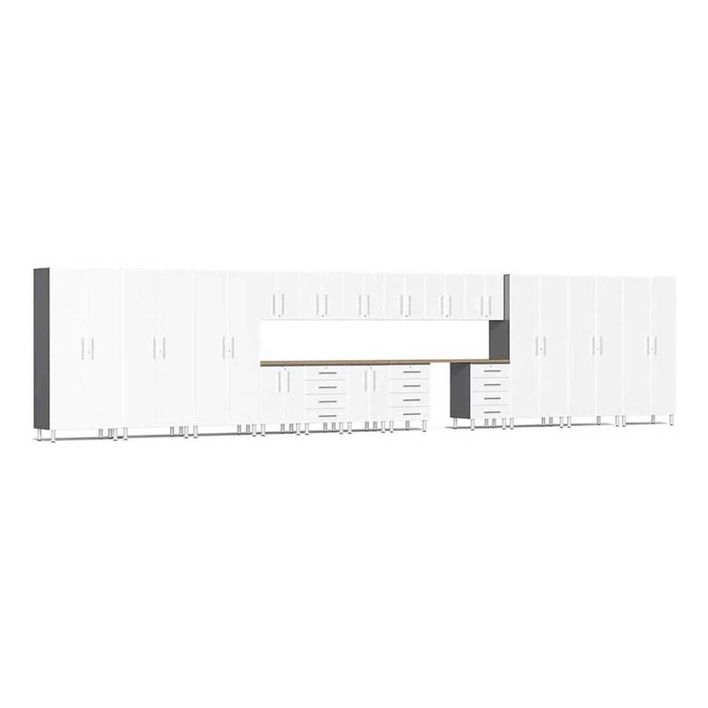 Ulti-MATE Garage 19-Piece Cabinet Set with Bamboo Worktops in Starfire White Metallic | Garage Giant