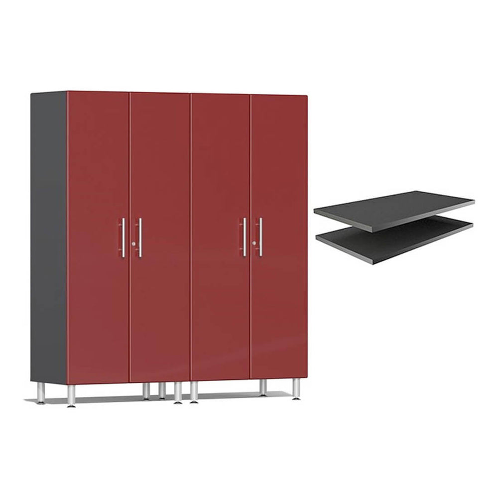 Ulti-MATE Garage 2-Piece Tall Garage Cabinet Set and Extra 2-Shelf Bundle in Ruby Red Metallic | Garage Giant