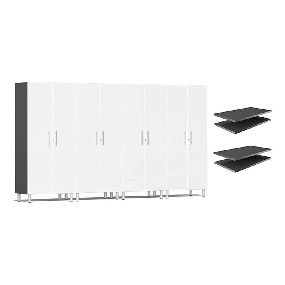 Ulti-MATE Garage 4-Piece Tall Garage Cabinet Set and Extra 4-Shelf Bundle in Starfire White Metallic | Garage Giant