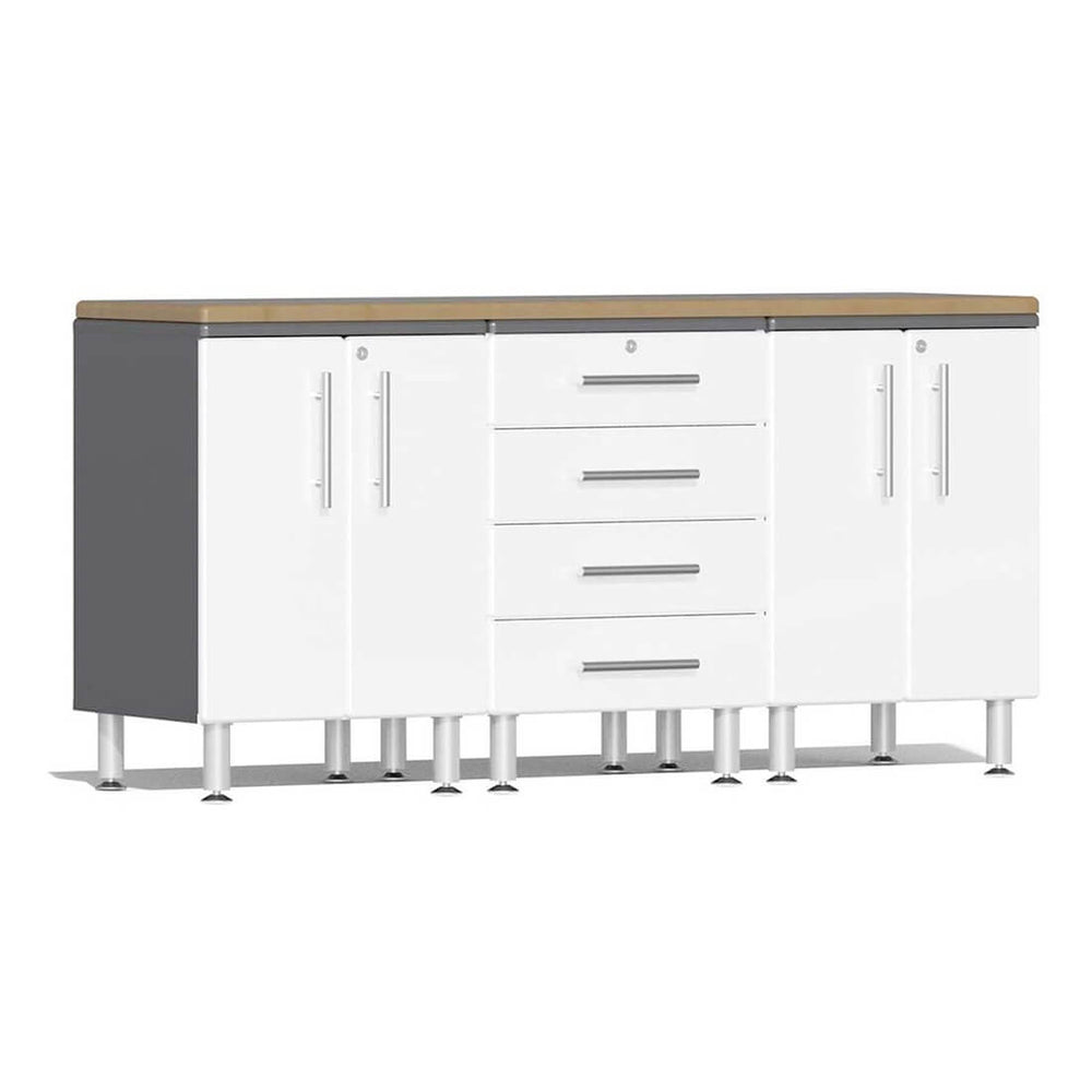 Ulti-MATE Garage 4-Piece Cabinet Kit with Bamboo Worktop in Starfire White Metallic | Garage Giant