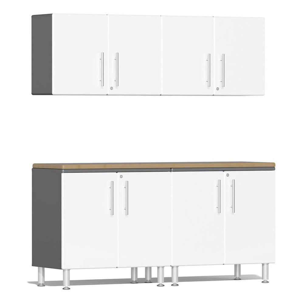 Ulti-MATE Garage 5-Piece Cabinet Kit with Bamboo Worktop in Starfire White Metallic | Garage Giant