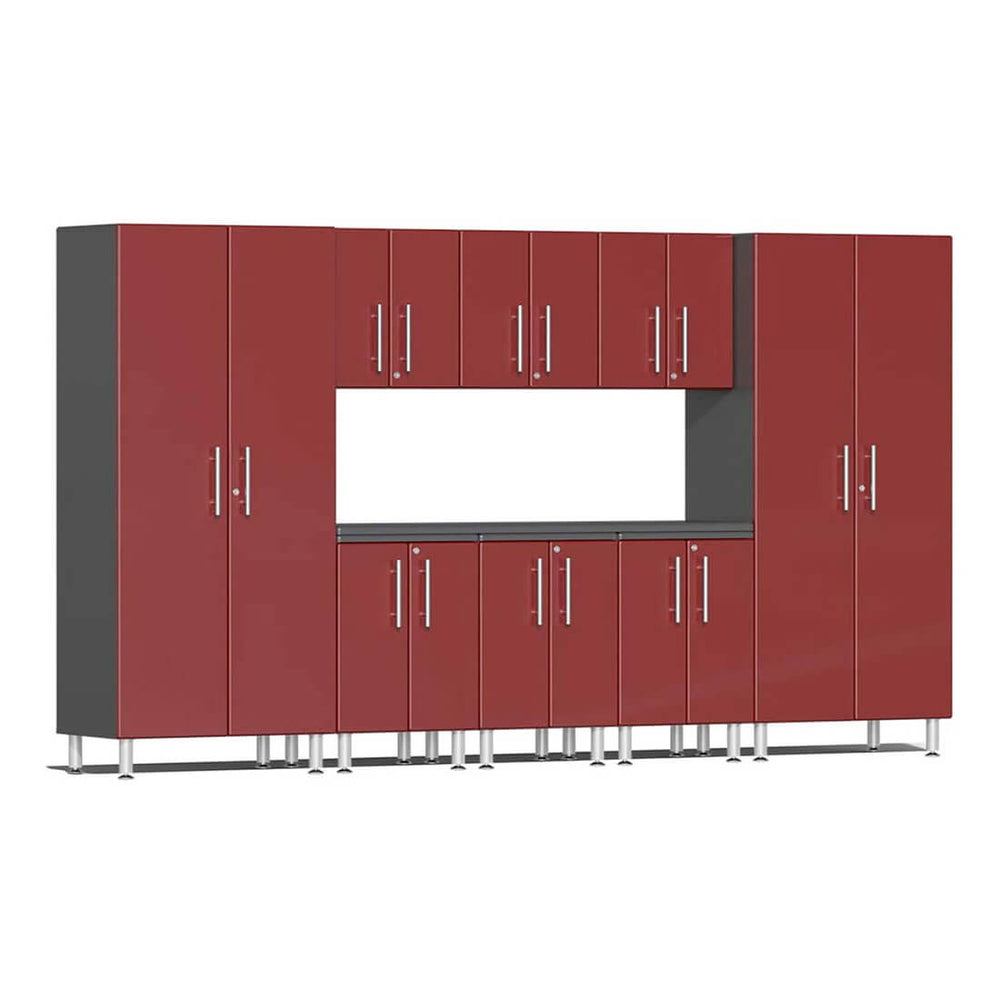 Ulti-MATE Garage 9-Piece Cabinet Set with Channeled Worktop in Ruby Red Metallic | Garage Giant