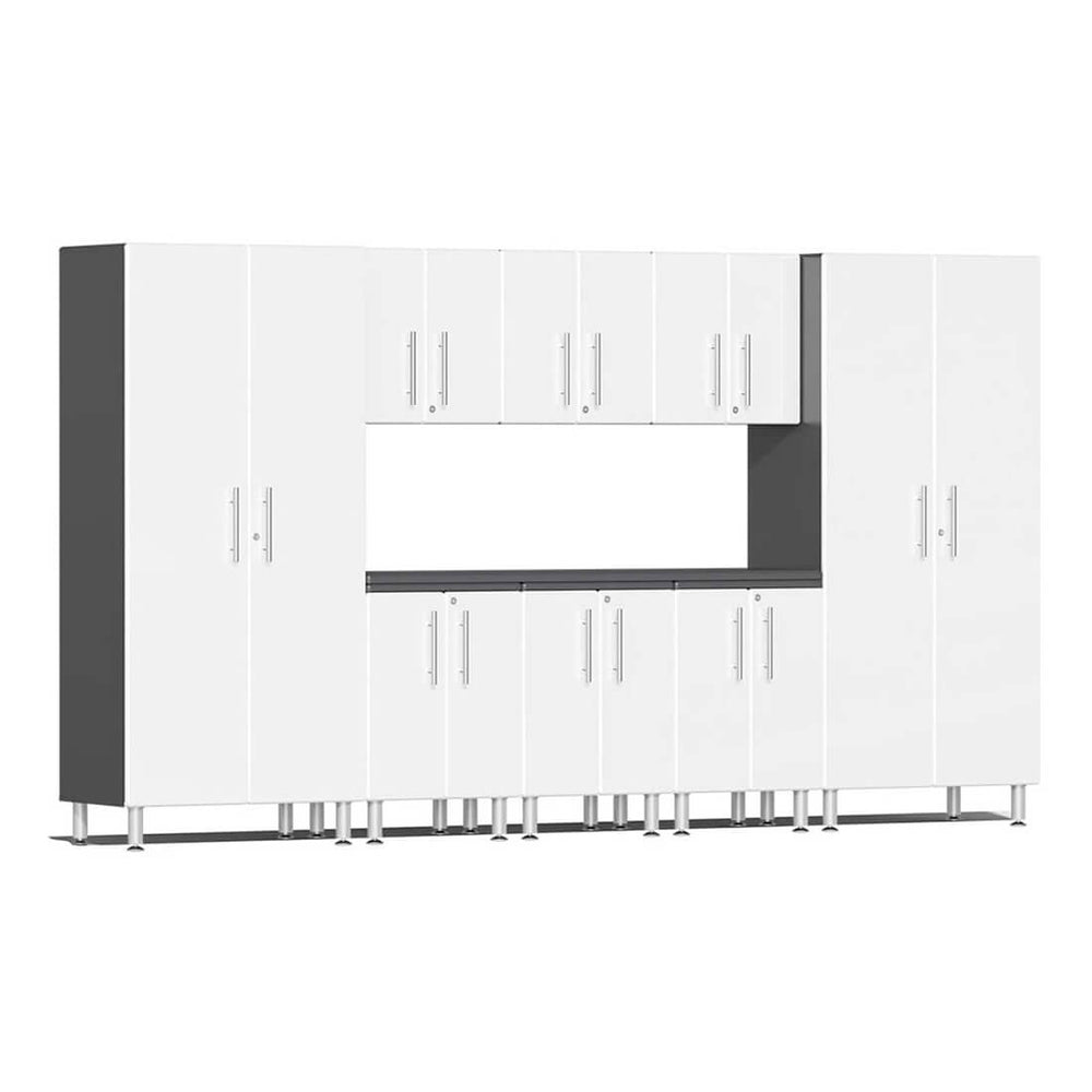 Ulti-MATE Garage 9-Piece Cabinet Set with Channeled Worktop in Starfire White Metallic | Garage Giant