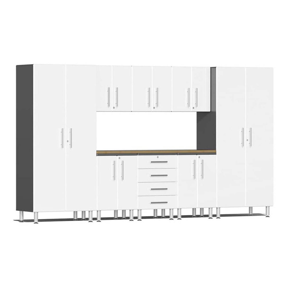 Ulti-MATE Garage 9-Piece Cabinet Set with Bamboo Worktop in Starfire White Metallic | Garage Giant