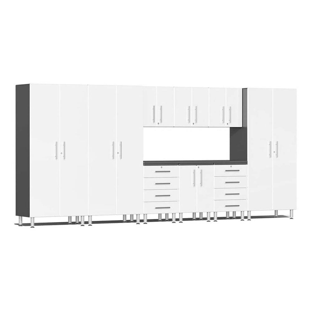 Ulti-MATE Garage 10-Piece Cabinet Set with Channeled Worktop in Starfire White Metallic | Garage Giant