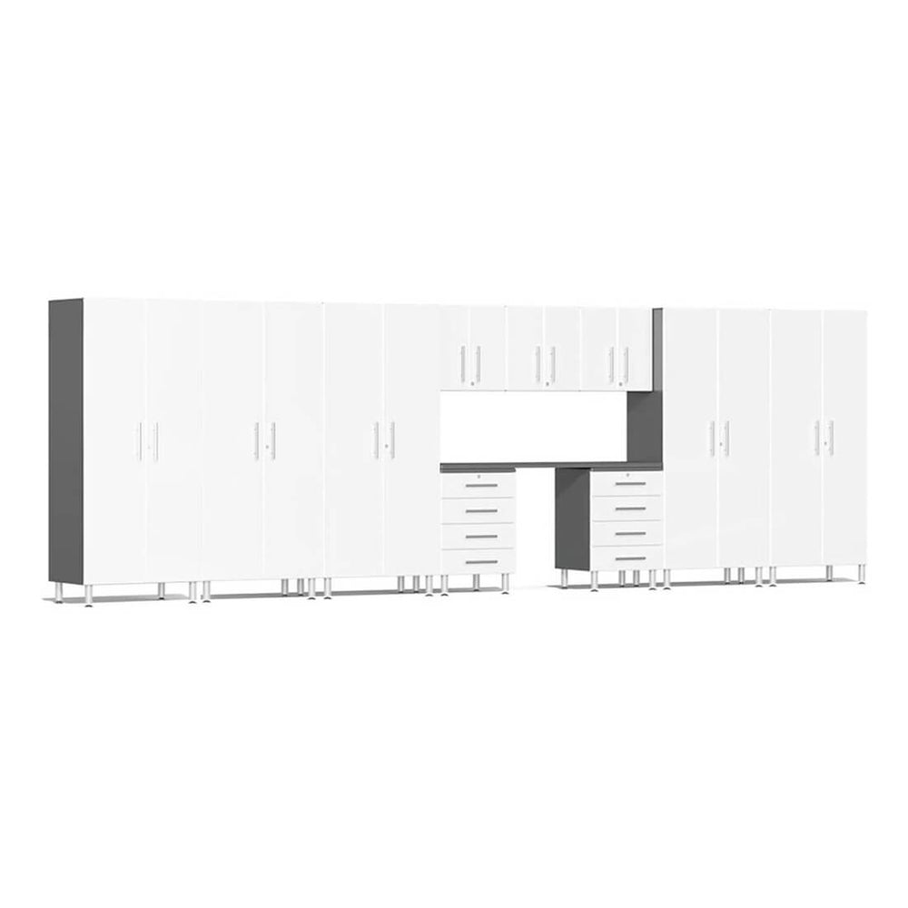Ulti-MATE Garage 11-Piece Cabinet System with Channeled Worktop in Starfire White Metallic | Garage Giant