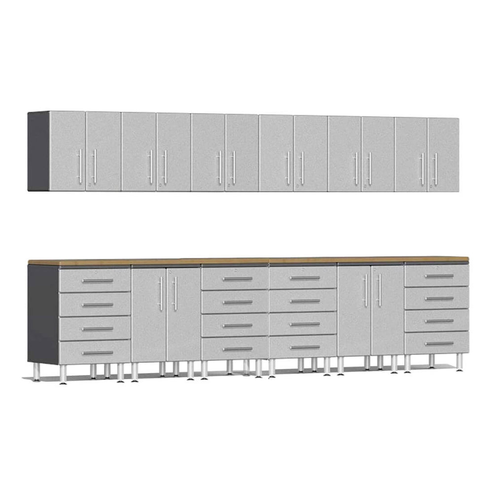 Ulti-MATE Garage 14-Piece Cabinet Kit with Bamboo Worktops in Stardust Silver Metallic | Garage Giant
