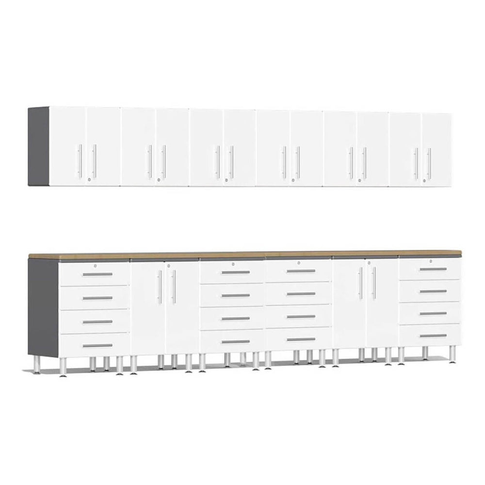 Ulti-MATE Garage 14-Piece Cabinet Kit with Bamboo Worktops in Starfire White Metallic | Garage Giant