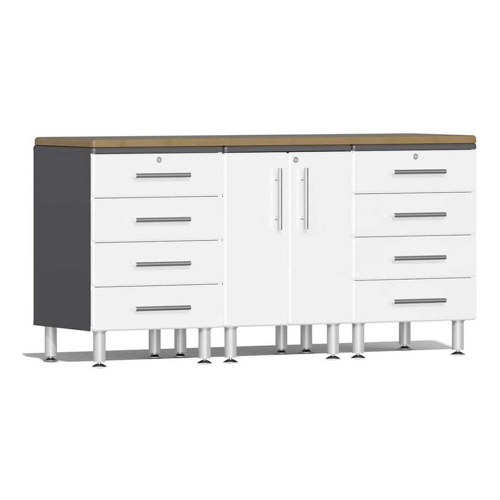 Ulti-MATE Garage 4-Piece Cabinet Set with Bamboo Worktop in Starfire White Metallic | Garage Giant