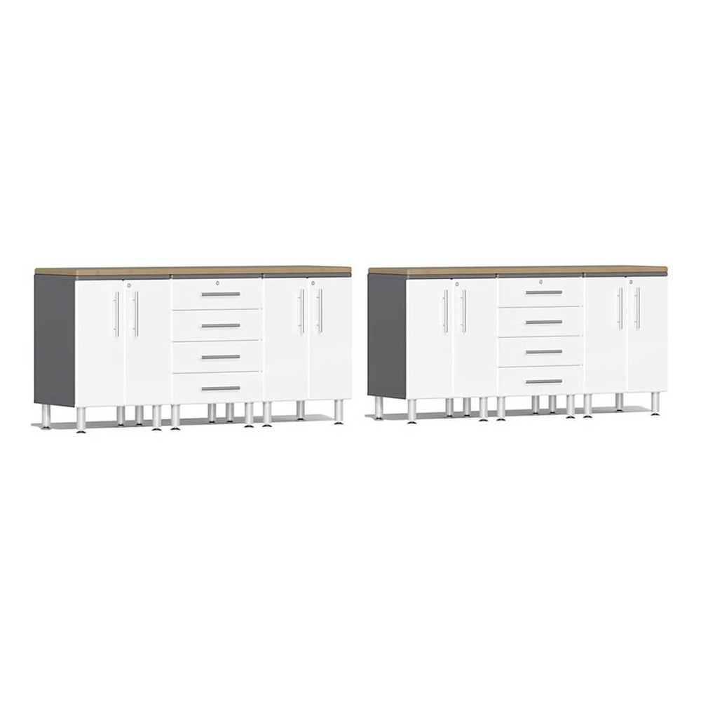 Ulti-MATE Garage 8-Piece Cabinet Set with Bamboo Worktops in Starfire White Metallic | Garage Giant