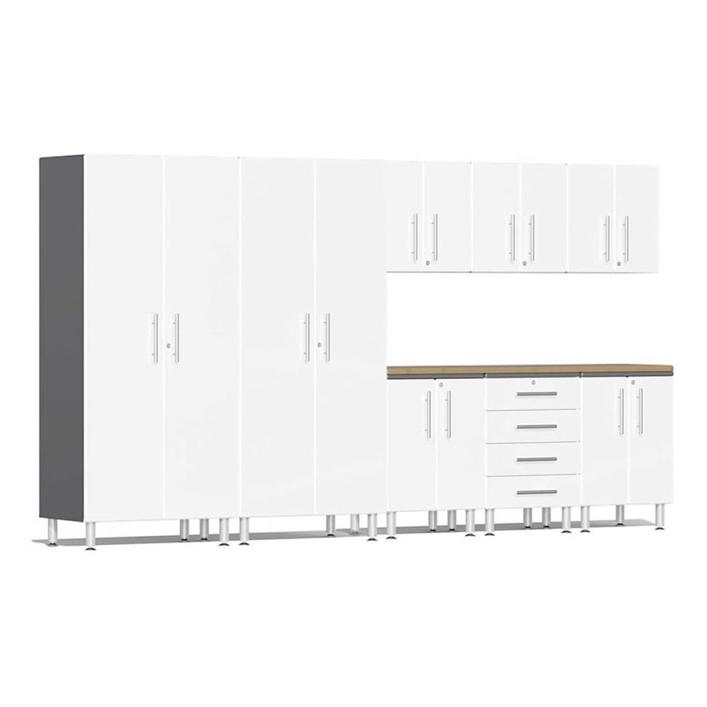 Ulti-MATE Garage 9-Piece Cabinet System with Bamboo Worktop in Starfire White Metallic | Garage Giant