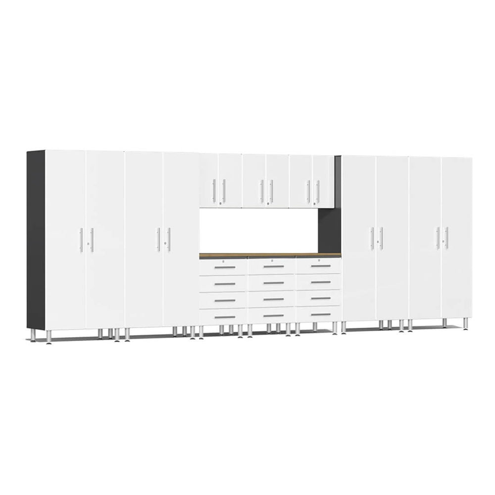 Ulti-MATE Garage 11-Piece Garage Cabinet Set with Bamboo Worktops in Starfire White Metallic | Garage Giant