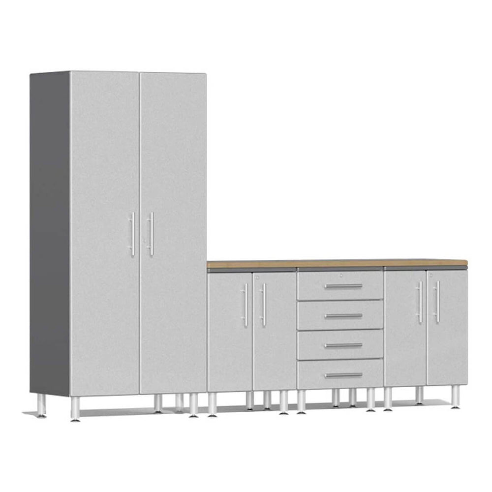 Ulti-MATE Garage 5-Piece Cabinet Set with Bamboo Worktop in Stardust Silver Metallic | Garage Giant