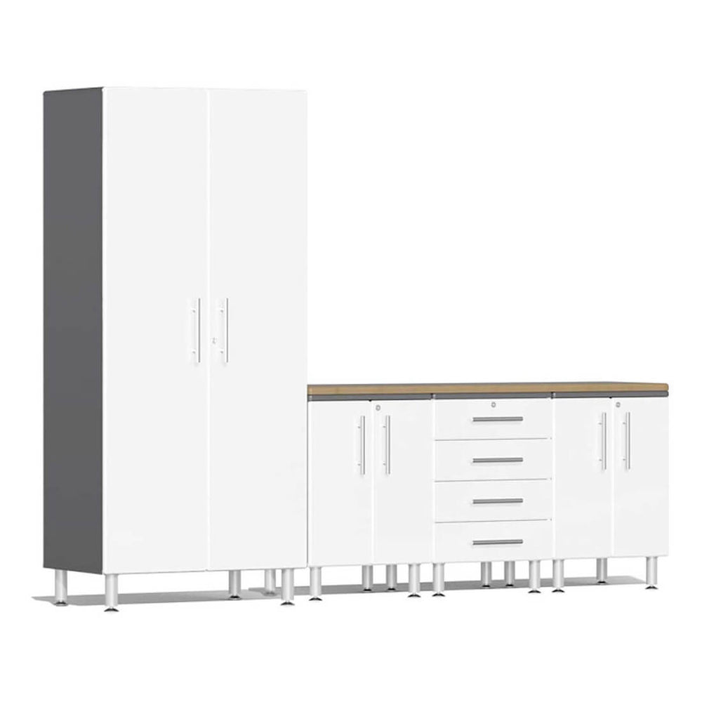 Ulti-MATE Garage 5-Piece Cabinet Set with Bamboo Worktop in Starfire White Metallic | Garage Giant