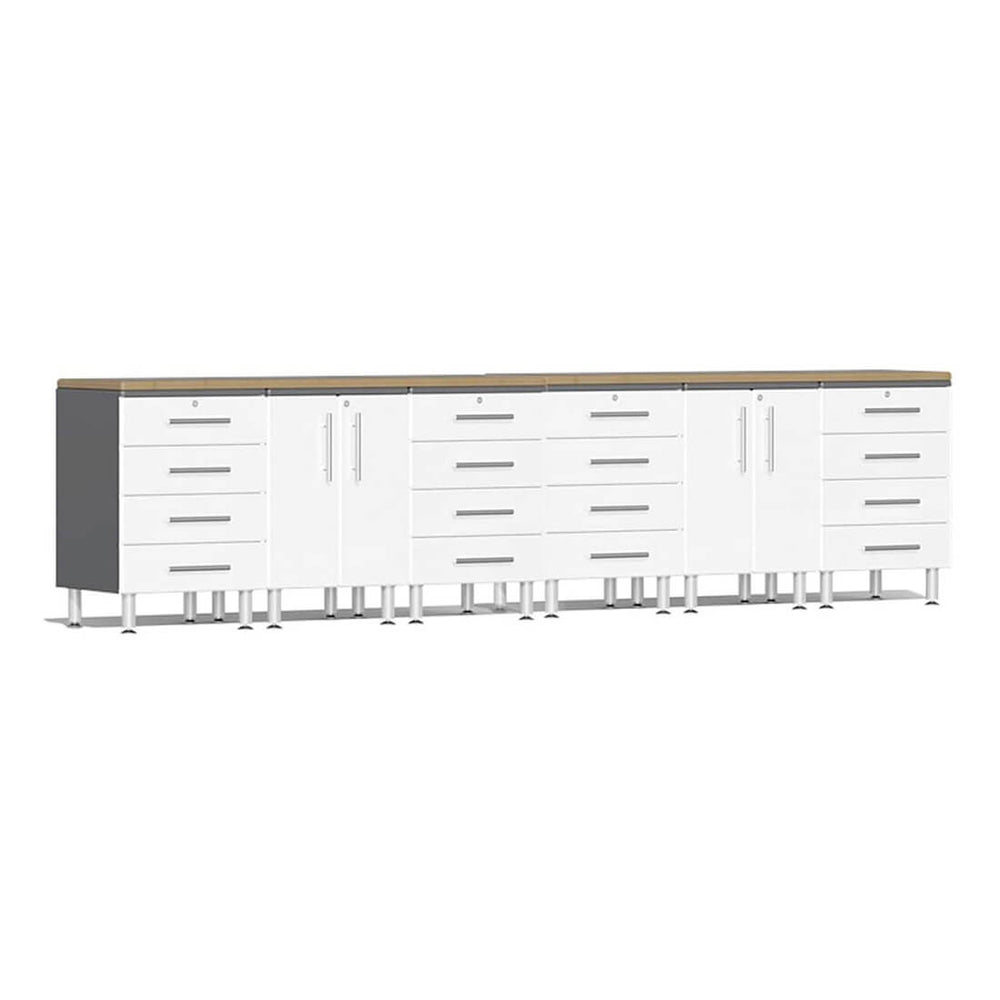 Ulti-MATE Garage 8-Piece Cabinet Kit with Bamboo Worktops in Starfire White Metallic | Garage Giant