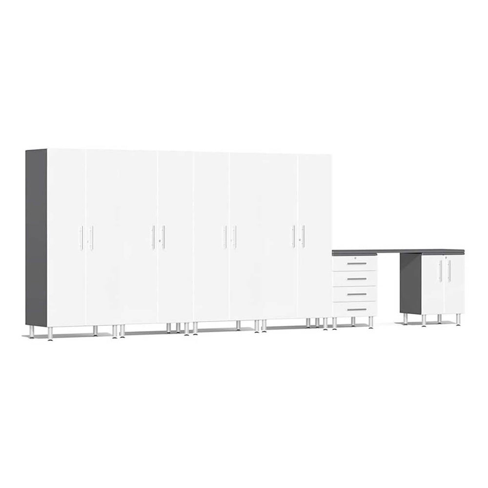Ulti-MATE Garage 7-Piece Cabinet System with Channeled Worktop in Starfire White Metallic | Garage Giant