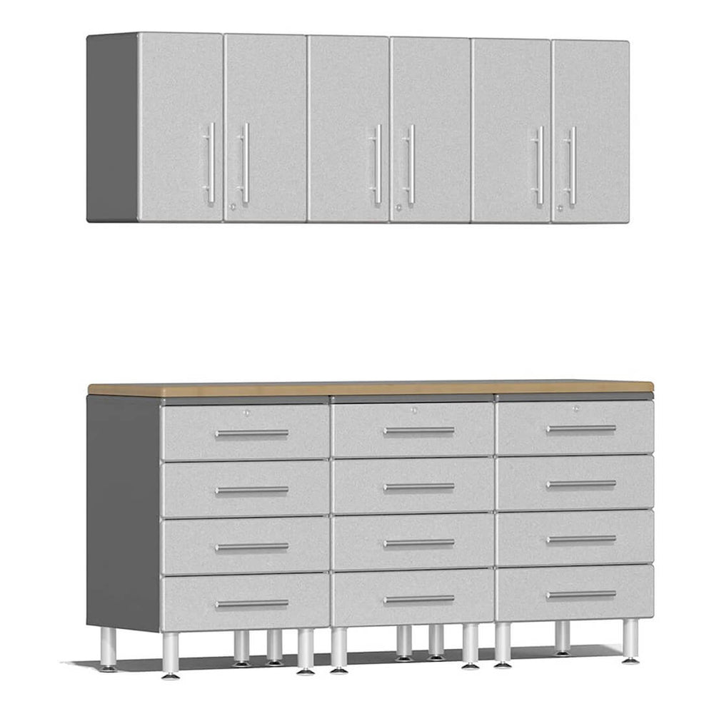 Ulti-MATE Garage 7-Piece Cabinet System with Bamboo Worktop in Stardust Silver Metallic | Garage Giant