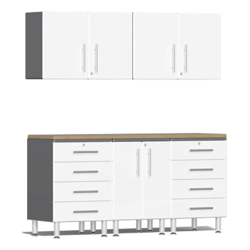 Ulti-MATE Garage 6-Piece Cabinet Set with Bamboo Worktop in Starfire White Metallic | Garage Giant