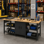 4Dock Heavy-Duty 96 x 30 Industrial Workbench with Cabinet (Black Frame)-WB10B-96RB-Casters Not Needed-Garage Giant 