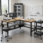 4Dock Heavy-Duty L-Shaped Industrial Workbench with Steel Shelf (Black Frame)-WB5LB-72RB-TTB-Casters Not Needed-Garage Giant 