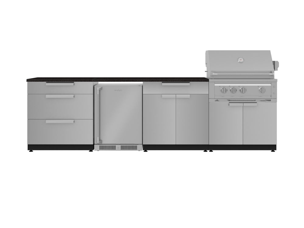 NewAge Outdoor Kitchens Stainless Steel 7-Piece Cabinet Set with 3-Drawer, Bar, Grill Cabinet, Platinum Grill, Countertop, and Fridge-71859-Garage Giant