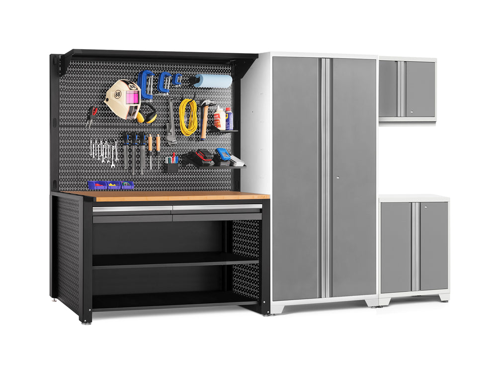 NewAge Garage Cabinets Pro Series 5-Piece Cabinet Set with Base, Wall Cabinet, Locker, 62 in. Workstation, and Pegboard Accessories Kit-32634-Garage Giant
