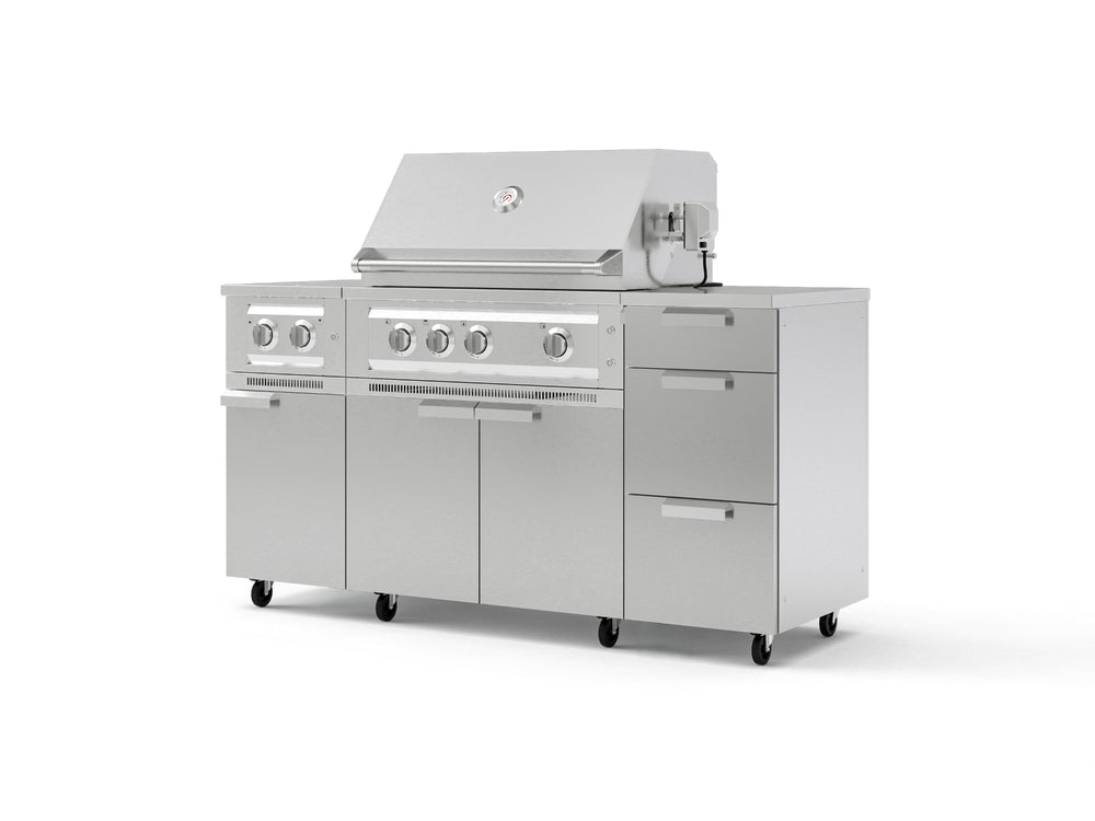 NewAge Outdoor Kitchens Outdoor Grill Island Stainless-Steel 6-Piece Cabinet Set with Casters and 3-Drawer, Grill Cabinet, Platinum Grill, Dual Side Burner, Countertop-74881-Garage Giant