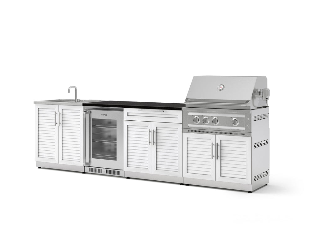 NewAge Outdoor Kitchens Stainless Steel 6-Piece Cabinet Set with Sink, Bar, Grill Cabinet, Platinum Grill, Countertop and Glass Door Fridge-73779-Garage Giant